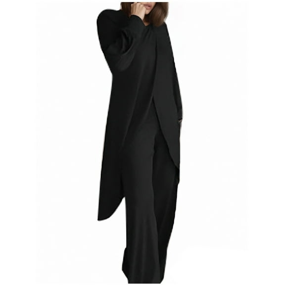 Women Solid Long Sleeve Set Wide Leg Pants Set Irregular Fashion Casual Two Piece Set Women'S Cropped Pants