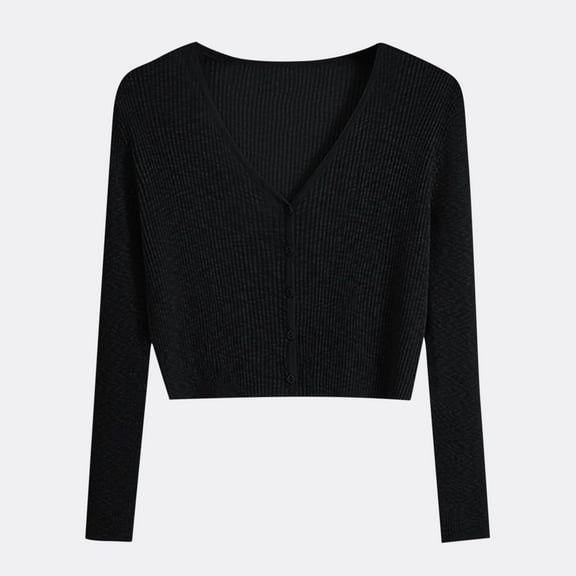 EchfiProm Long Sleeve Tops for Women Ribbed Casual V-Neck Relaxed Fit Womens Cardigan Solid