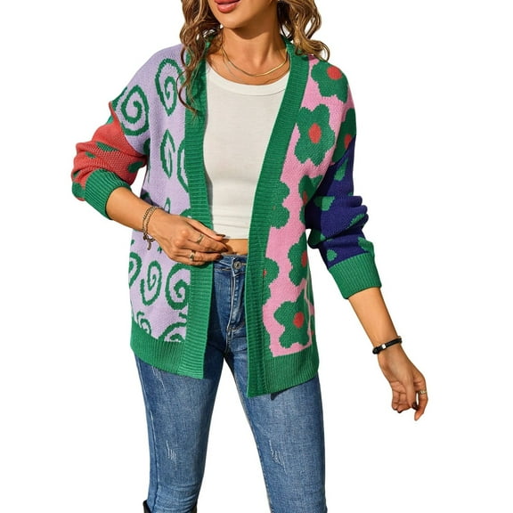 Women'S Cardigan Sweater Flower Dotted Mixed Print Colorblock Cardigan Patchwork Long Sleeve Outwear Green XL