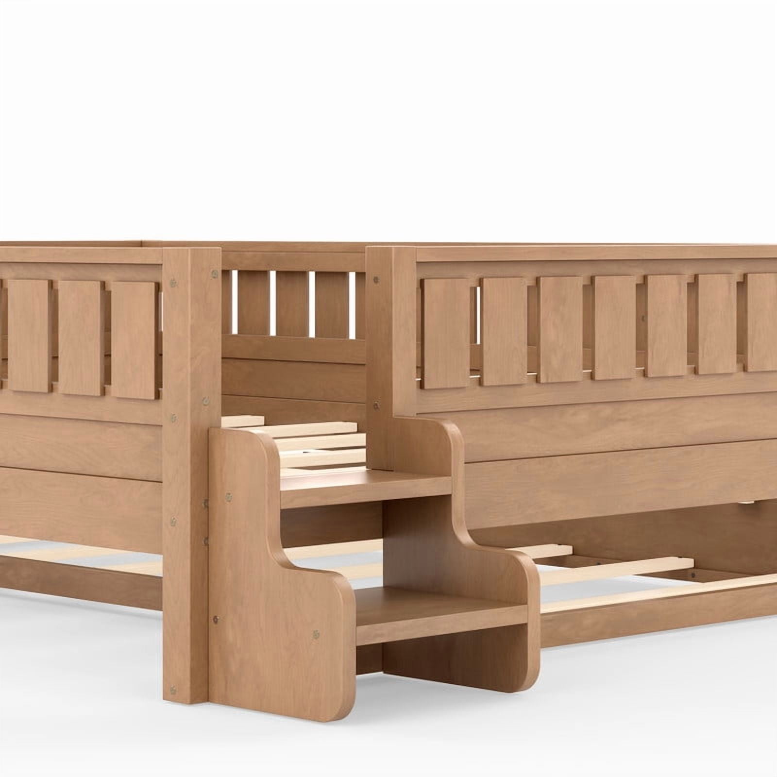 Queen Size Low-Profile Kid's Platform Bed with Built-in Bookshelves & Small Staircase, Wooden Bed Frame with Safety Rails & Trundle