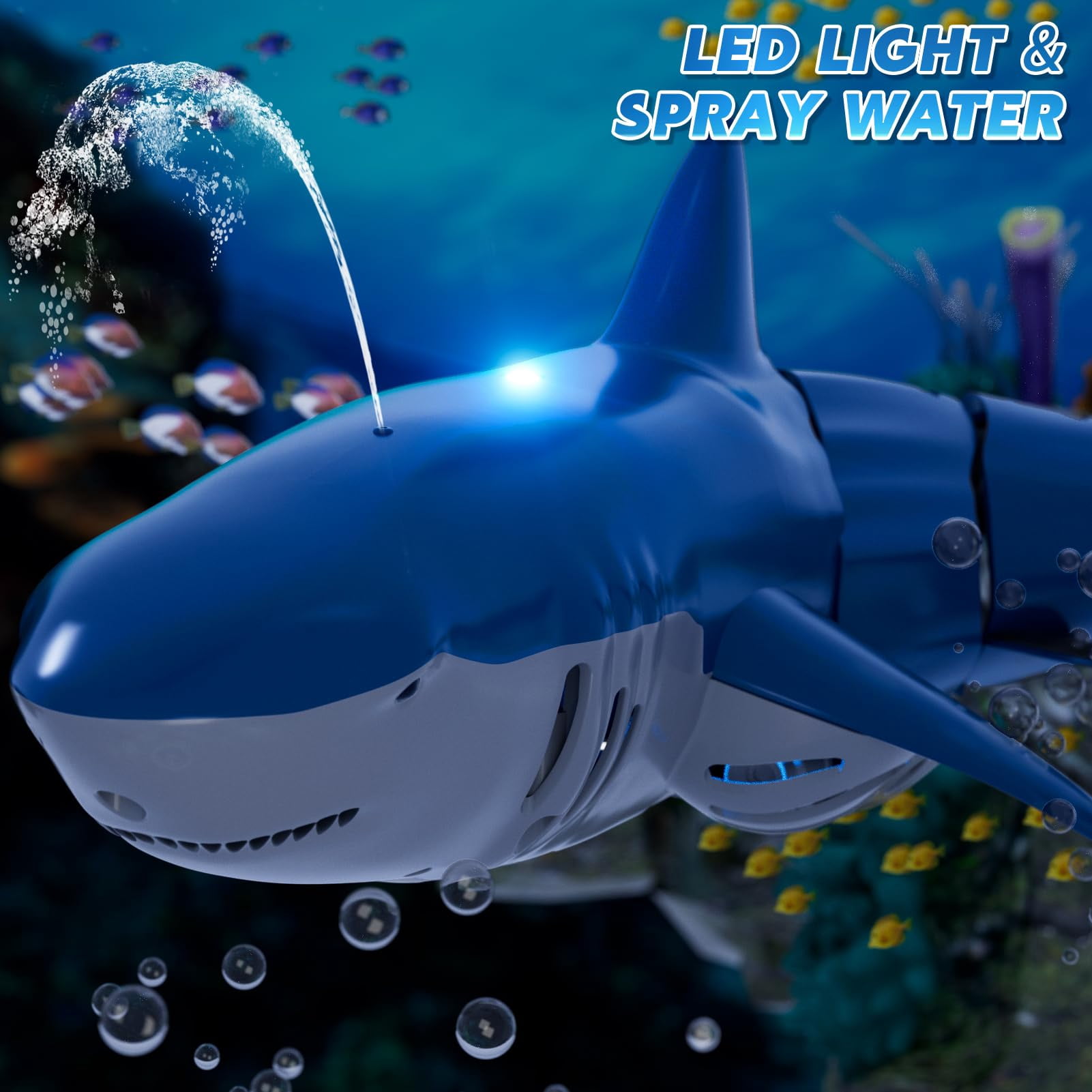 1:18 Scale Remote Control Shark Toy with Water Spray and Light for Pool, 2.4GHz RC Boat Water Toy for Boys Girls Kids