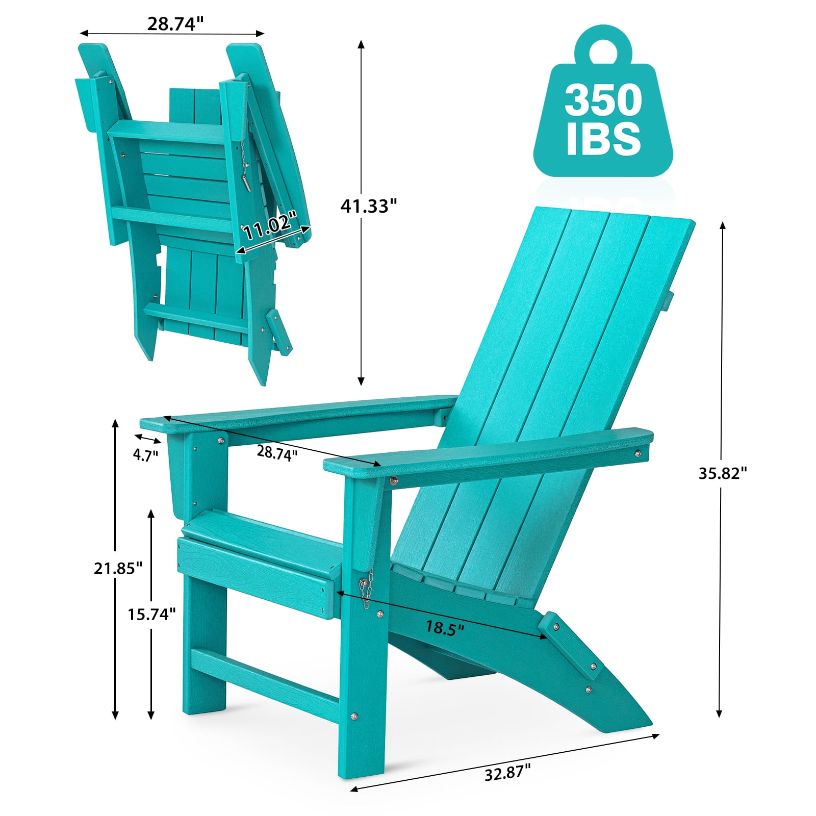 Garpans Folding Adirondack Chairs Set of 2 Weather Resistant Outdoor Adirondack Chair HDPE Outdoor Chair for Patio Front Porch Pool Garden Deck Fire Pit Outside, Turquoise