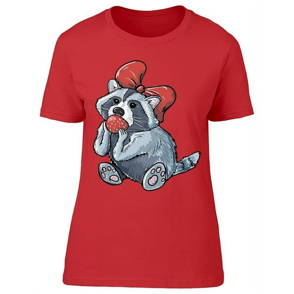 Racoon With Bow Eats Strawberry T-Shirt Women -Image by Shutterstock, Female 3X-Large