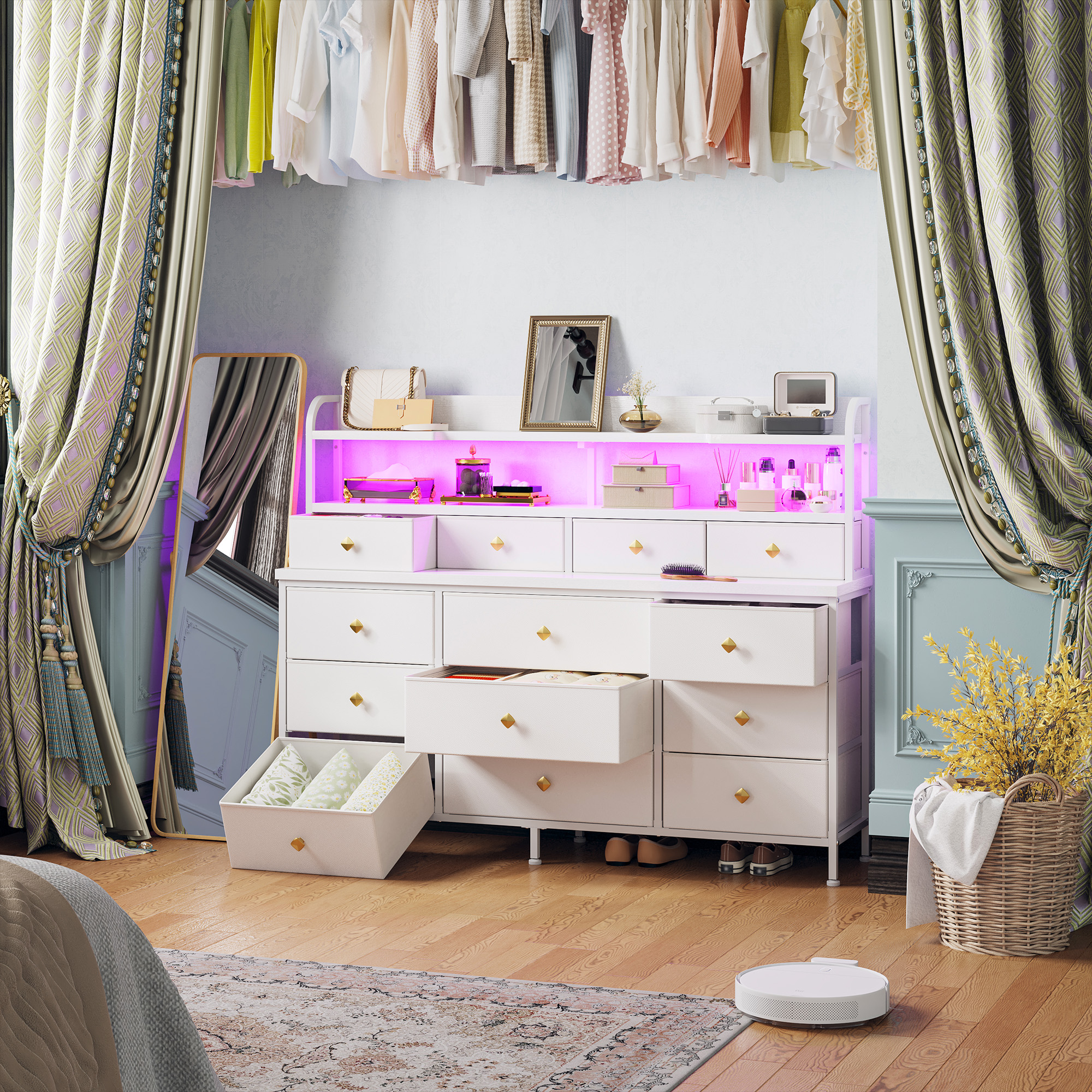 White Dresser for Bedroom Long Dresser with 13 Fabric Drawers and Shelves for Closet Dresser with LED Light