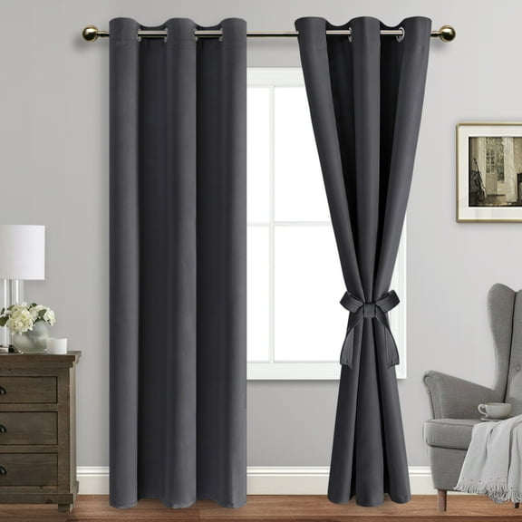 JIUZHEN Dark Grey Blackout Curtains for Bedroom with Tiebacks - Thermal Insulated Light Blocking Grommet Window Curtains for Living Room, 42 x 84 inches Long, Set of 2 Panels
