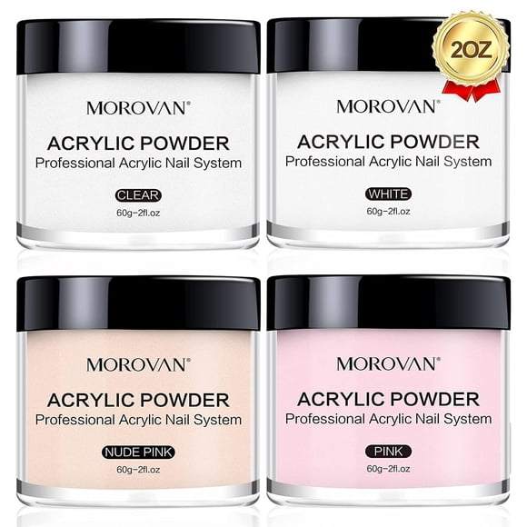 Set de polvos de uñas acrílicos Morovan, 4 colores, transparente, rosa nude, blanco