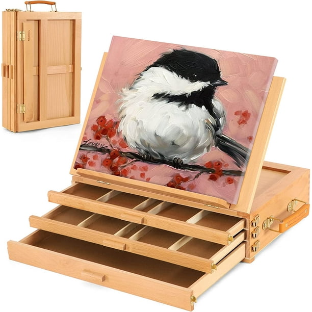 Tabletop Easel Sketch Box with 3 Drawer, Adjustable Beech Wood