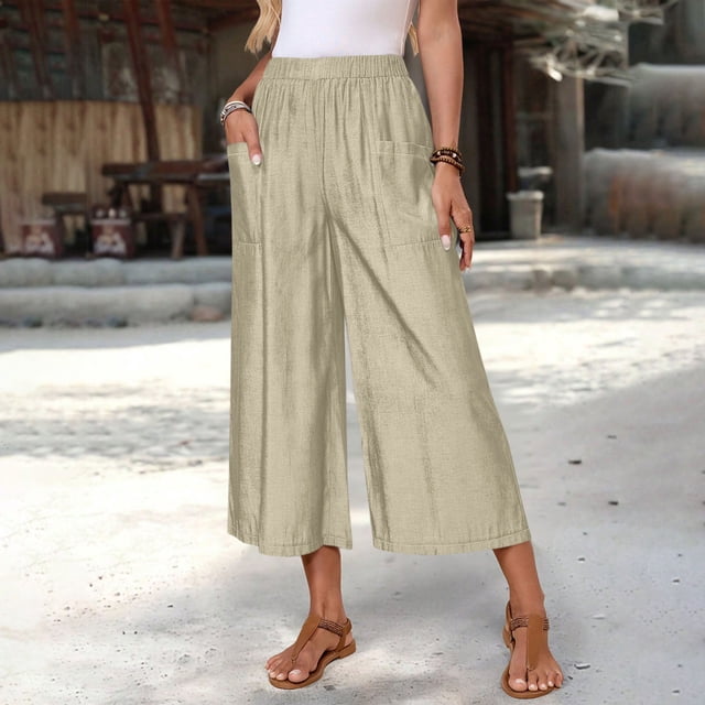 TaTaai Women's 7/8 Length Culottes Solid Color Wide Leg Design with Elastic Waist and Side Pockets Linen-Like Casual Trousers for Daily Wear Gift