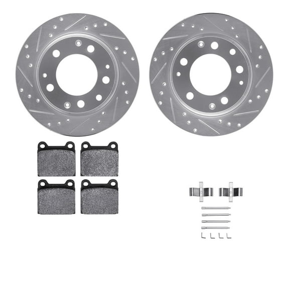 Dynamic Friction Company Rear Brake Rotors-Drilled and Slotted-Silver with 5000 Euro Ceramic Brake Pads includes Hardware 7612-02005