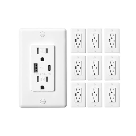 VEVOR USB Wall Outlet, 24 W 15A Tamper Resistant Electrical Outlet with 1 Type C & 1 Type A Ports, 2 Three-prong AC Outlets, Screwless Wall Plate Included, Charging for Multiple Devices, White