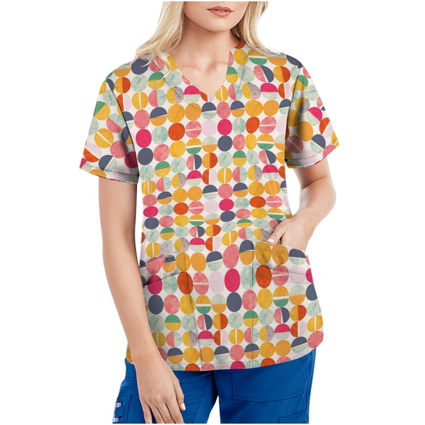 Tops de mujer de manga corta con cuello en V Tops uniforme de trabajo Tie-Dye gradiente Arco Iris estampado Floral con cuatro bolsillos blusa Pompotops hkajfhjk463154