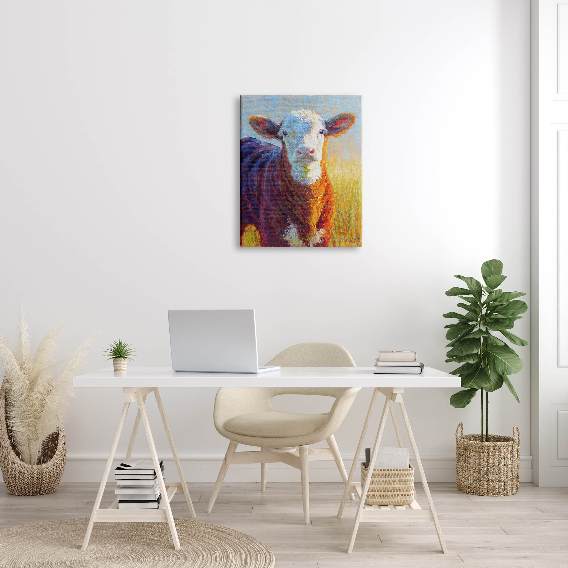 Happy Cow Farmhouse Grassland Animals & Insects Painting Gallery Wrapped Canvas Print Wall Art