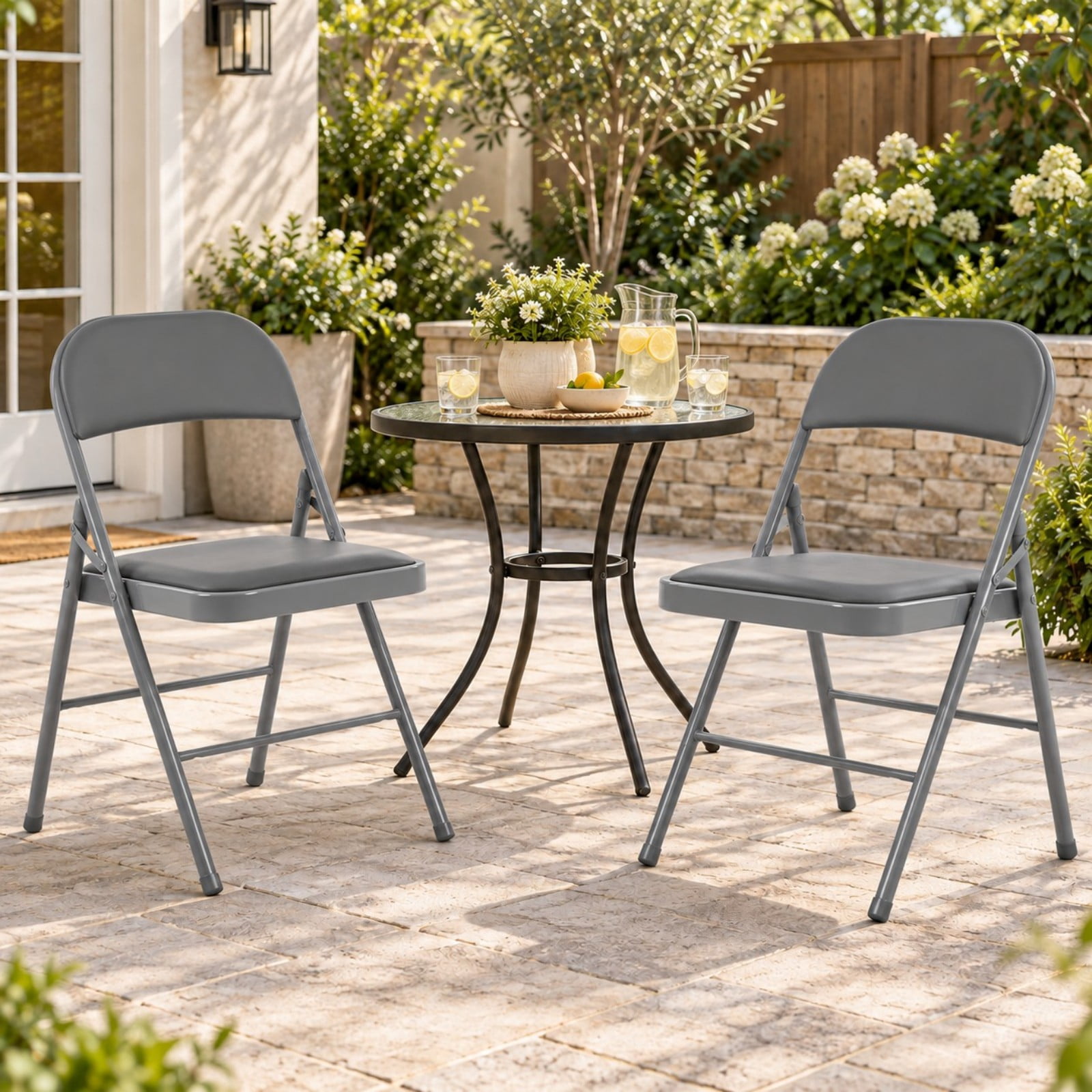 Telyra 2 Pack Folding Chairs Leather Padded Seat and Backrest Foldable Metal Chairs for Indoor Outdoor Use,Grey