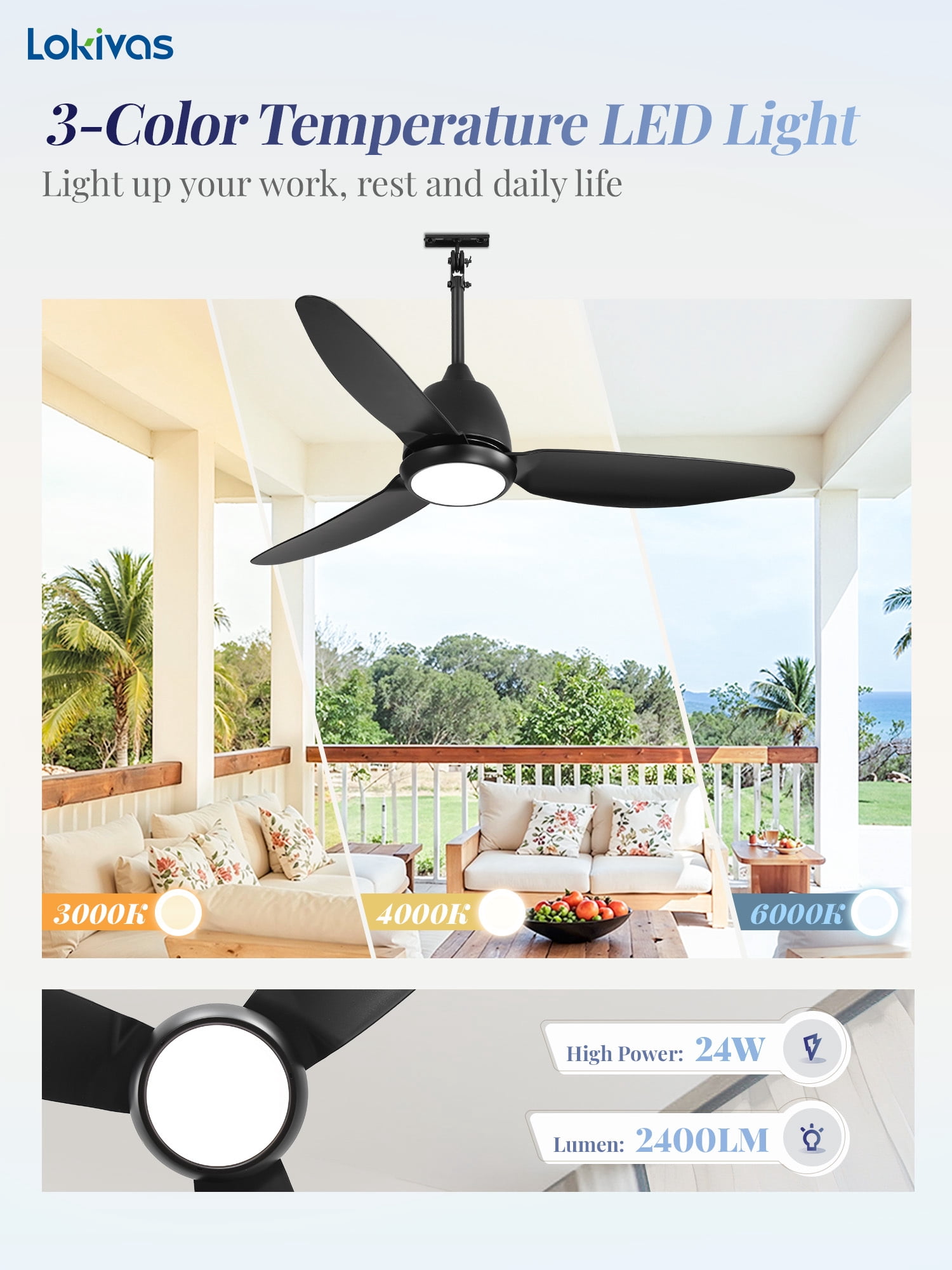 Lokivas 42" Black Waterproof Outdoor Gazebo Ceiling Fan with Light, Quiet 6 Speeds, APP & Remote, IP65 Plug-in DC Motor, Dimmable 3CCT, Hanging Cord for Patio Porch
