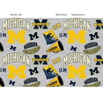 University of Michigan Cotton Fabric on Heather Grey ground with Mascots