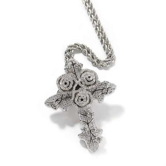 14K White Gold Over Finish Simulated Diamond Iced Out Holy Jesus Christ Crucifix Cross Rose Flower Custom Charm Pendant Necklace, Christmas