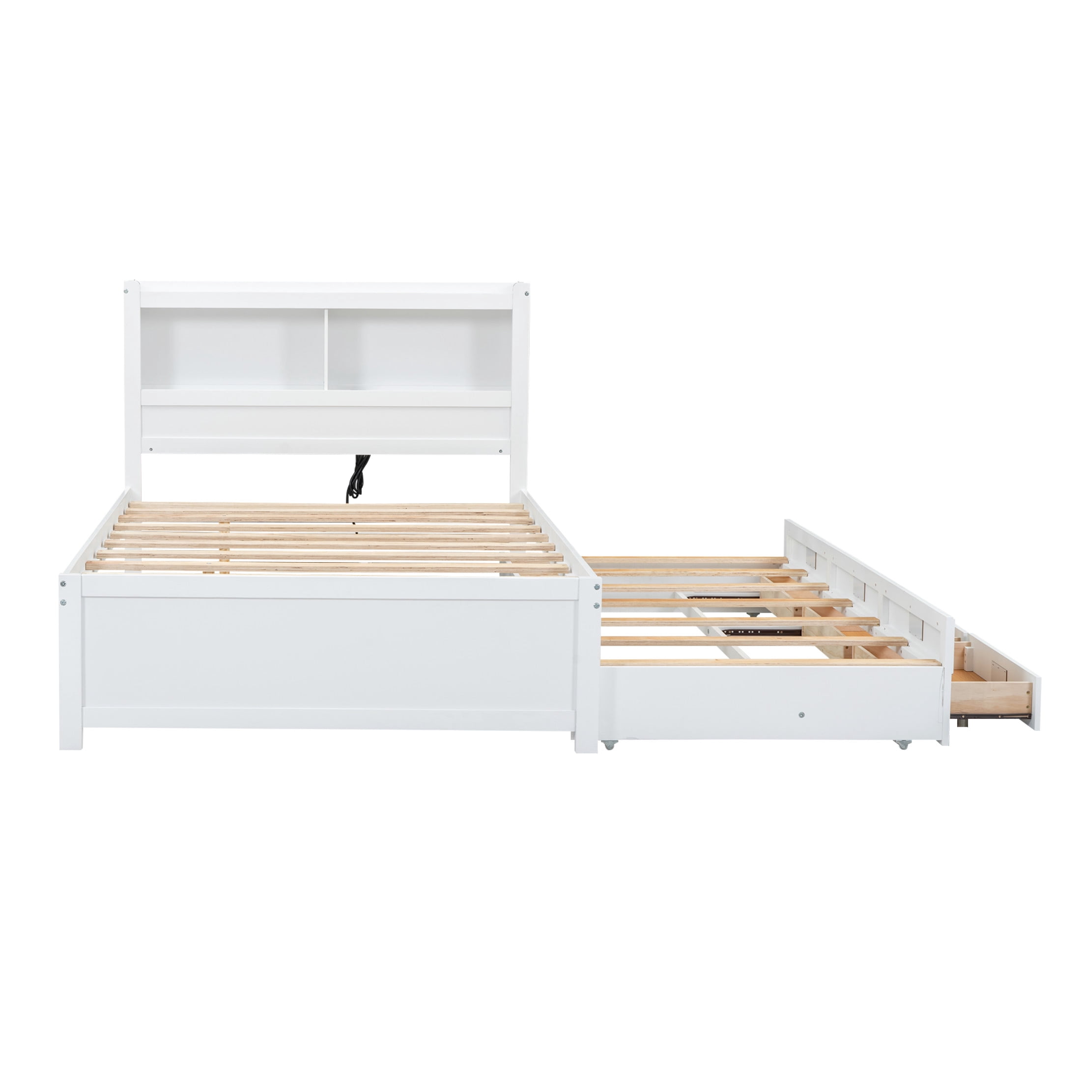 Noble House Lornic Full Size Platform Bed with Trundle and Drawers, Charging Station and Storage Shelves, White