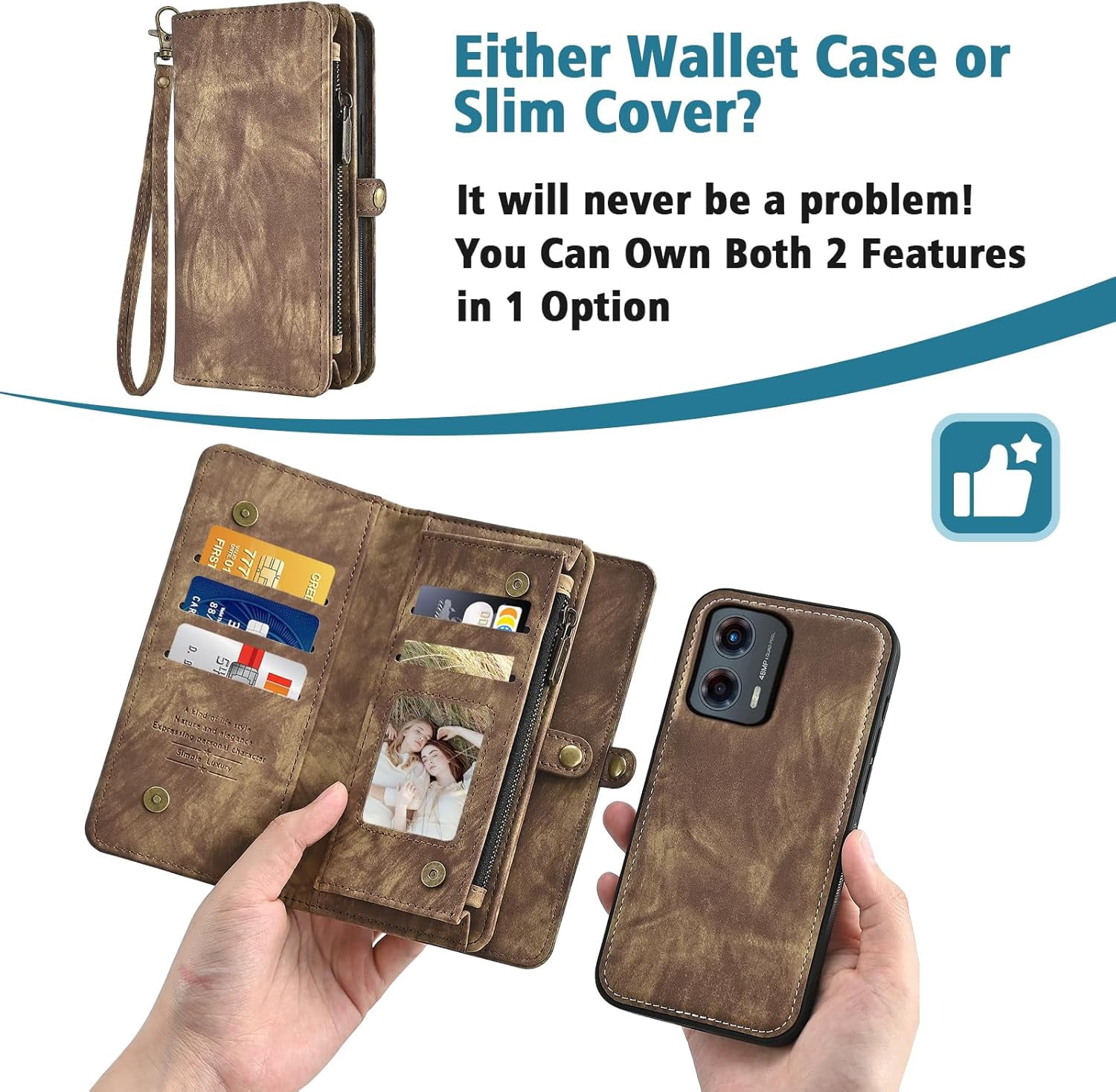 Asuwish Phone Case for Motorola Moto G 5G 2023 Zipper Wallet Detachable Cell Cover with Tempered Glass Screen Protector Crossbody Lanyard Strap Flip Card Holder Slot G5G 5 G G5 Women Men Girls Brown