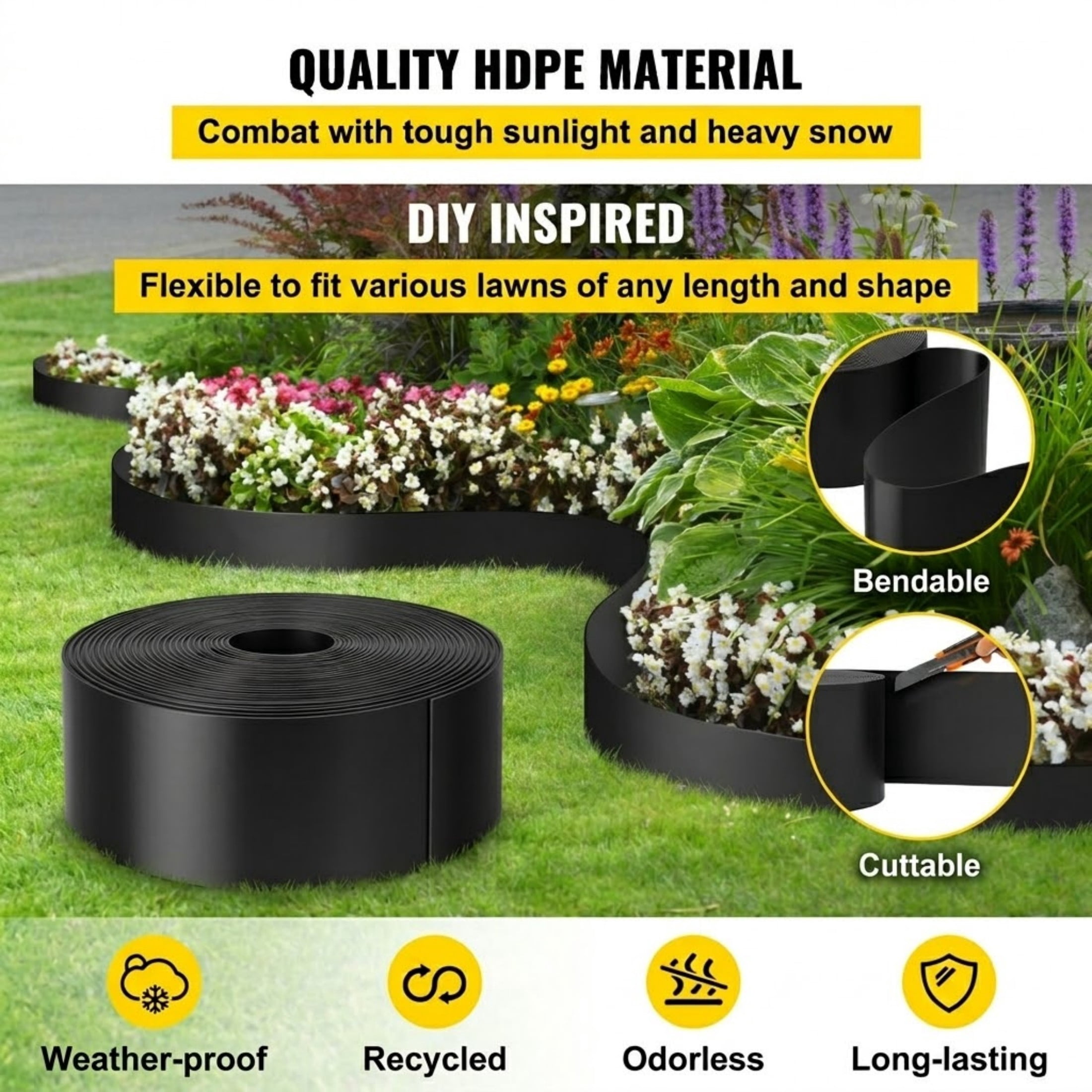 60 ft x 10 in Landscape Edging, Flexible HDPE Coiled Terrace Board Garden Border, Heavy Duty Weed Barrier for Lawn and Yard, Black