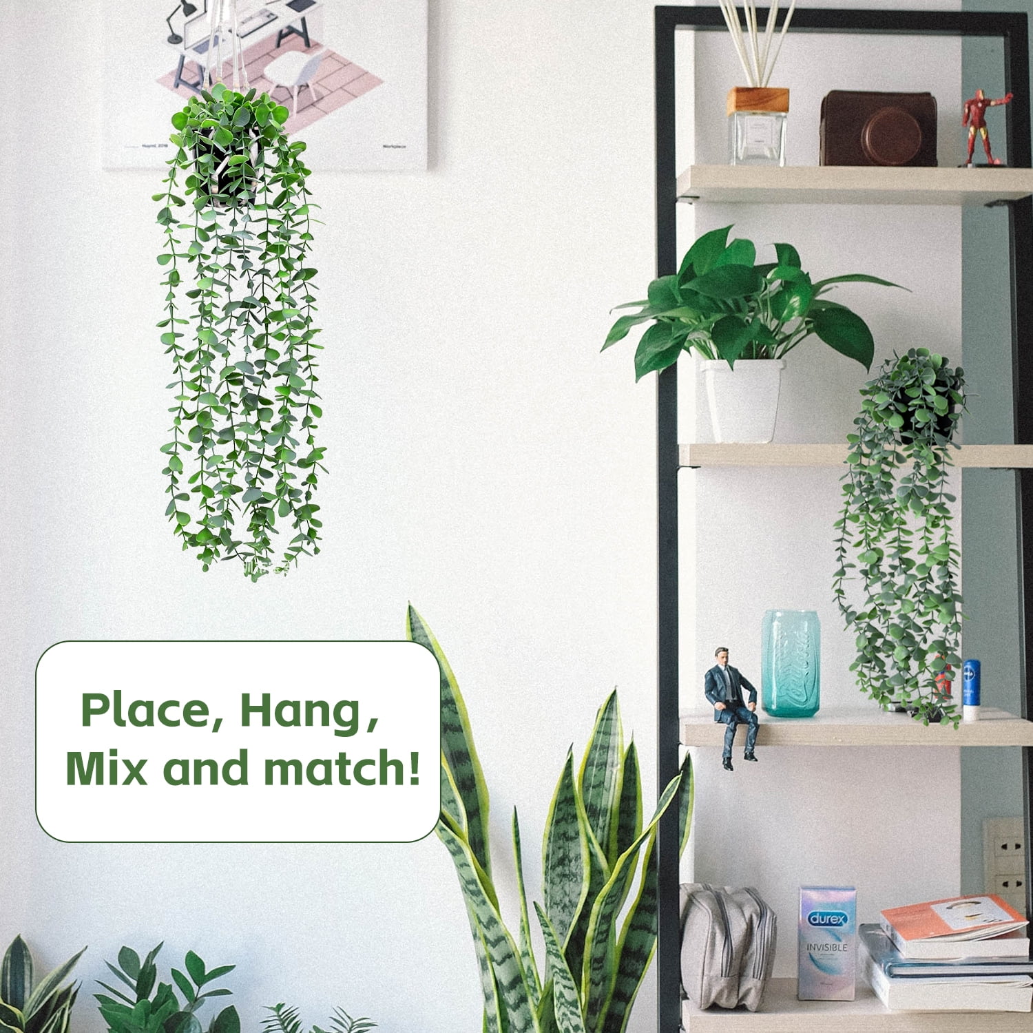 3 Pcs Artificial Hanging Plants Vines with Lights and Macrame Plant Hanger,  Fake Hanging Pothos with Pot Indoor Outdoor, Faux Hanging Greenery with