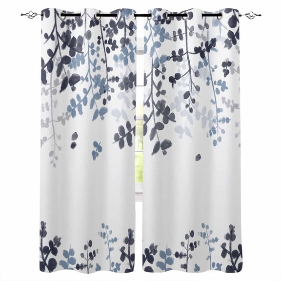 Navy Blue Leaves Blackout Curtains for Bedroom Living Room Darkening Curtains 84 Inch Length 2 Panels Set Summer Botanical Window Curtain Thermal Insulated Window Treatment Grommet Drapes 42"x84"