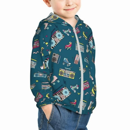 

Uemuo Vintage Tape Players And Skates Pattern Rash Guard for Boys Girls Long Sleeve Swim Shirts UPF 50+ UV Sun Protection Hooded Fishing Shirt with Pocket for Kid-2 Years
