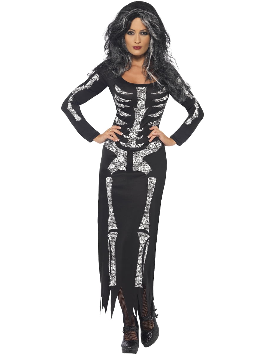 Ladies Skeleton Costume Bone Print Dress Gloves Womens Halloween Fancy Dress 