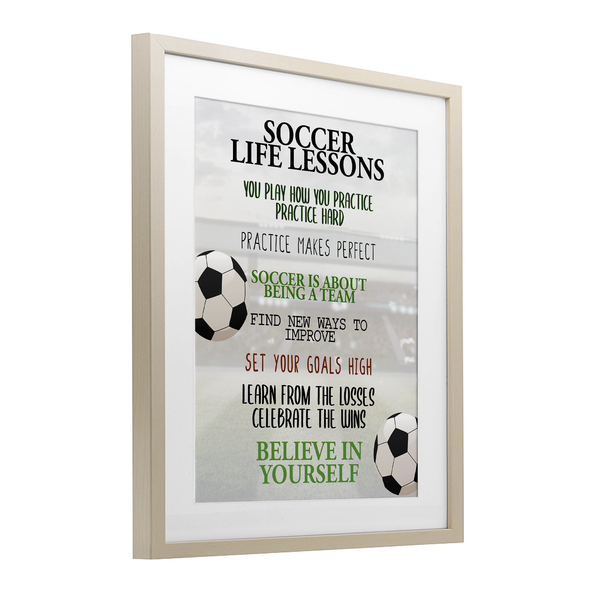 Soccer Life Lessons Birch Framed Print Under Glass, design by Kim Allen