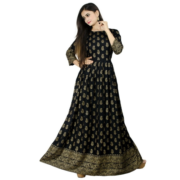 Chandrakala Gold Foil Printed Long Kurti for Women Rayon Indian Ethnic Tunic ,X-Large (K199BLA4)