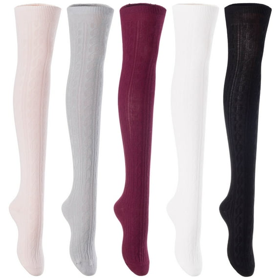 Lian Lifestyle Exquisite Big Girls Women 5 Pairs Thigh High Cotton Socks. Comfortable in Vibrant Colors Size 2.5-7 LBG1024(Beige,LG,Wine,Cream,Black)
