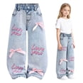 thumbnail image 4 of TSHXS Kids Clothes Girls Little Girls Wide Leg Denim Trousers 3D Letter Print with Bow Relaxed Fit Casual Jeans for Autumn Spring（Blue,7-8 Years）, 4 of 9