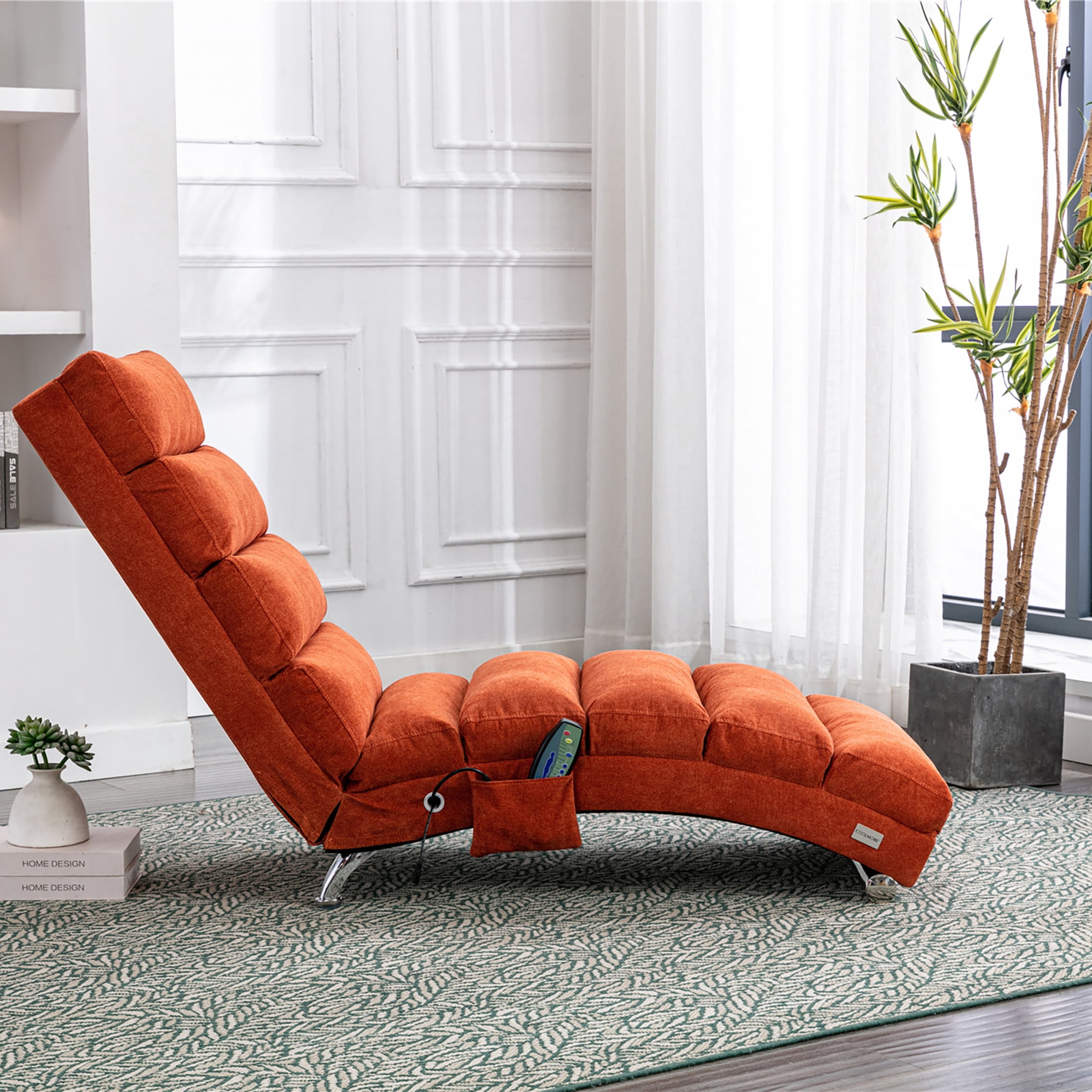 Noble House Upholstered Chaise Lounge Chair with Vibration, Linen Fabric Leisure Recliner, Orange