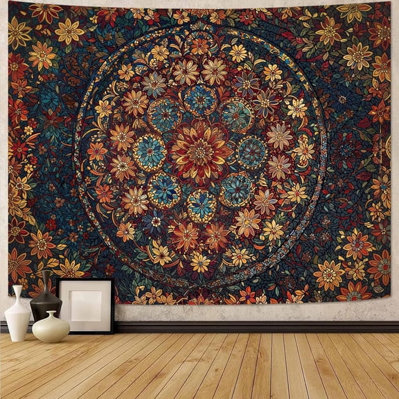 Boho Floral Mandala Tapestry Wall Hanging Vintage Bohemian Flower Medallion Tapestry Aesthetic Orange Stained Glass Hippie Small Tapestries for Bedroom Living Room Dorm Decor 40 x 30 Inch