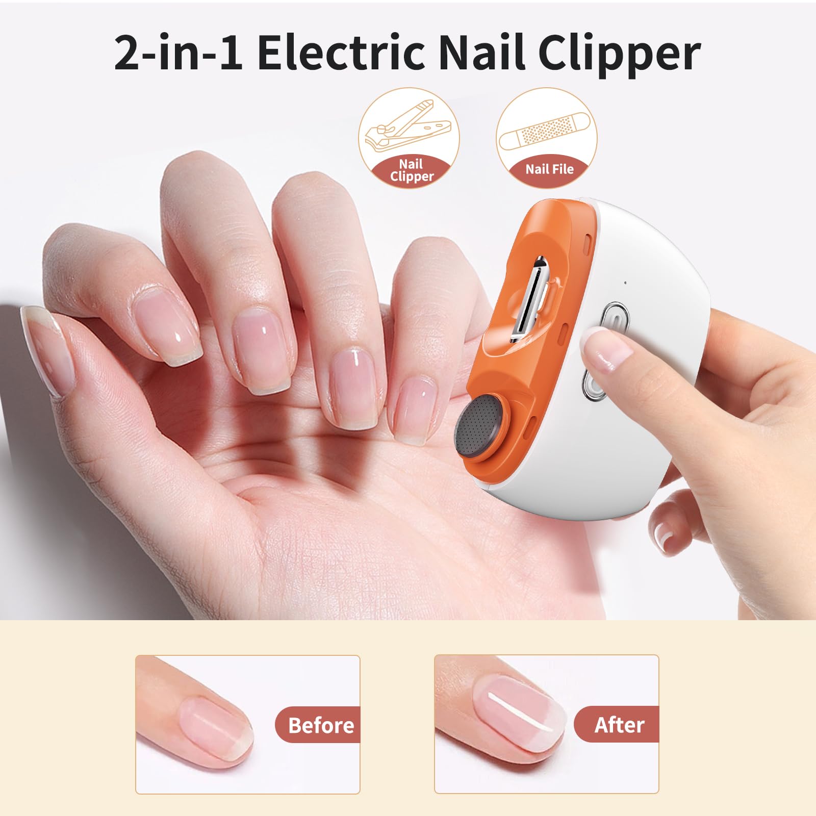 Electric Nail Clipper & Polisher – Automatic Nail Trimmer with LED Light, USB Rechargeable, Clip Storage, Safe for Baby & Seniors（Orange）