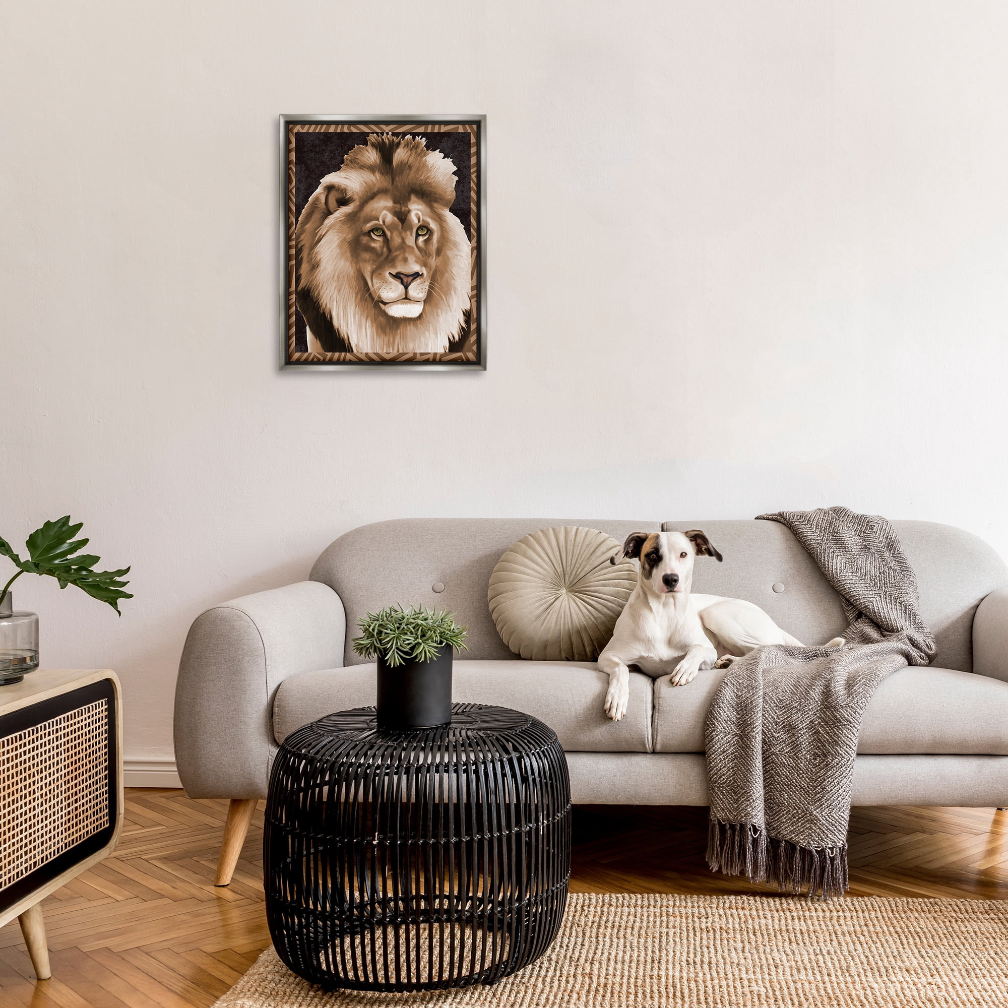 Stupell Industries Lion with Geometric Border Animals & Insects Painting Gray Floater Framed Canvas Art Print Wall Art, 25 x 31