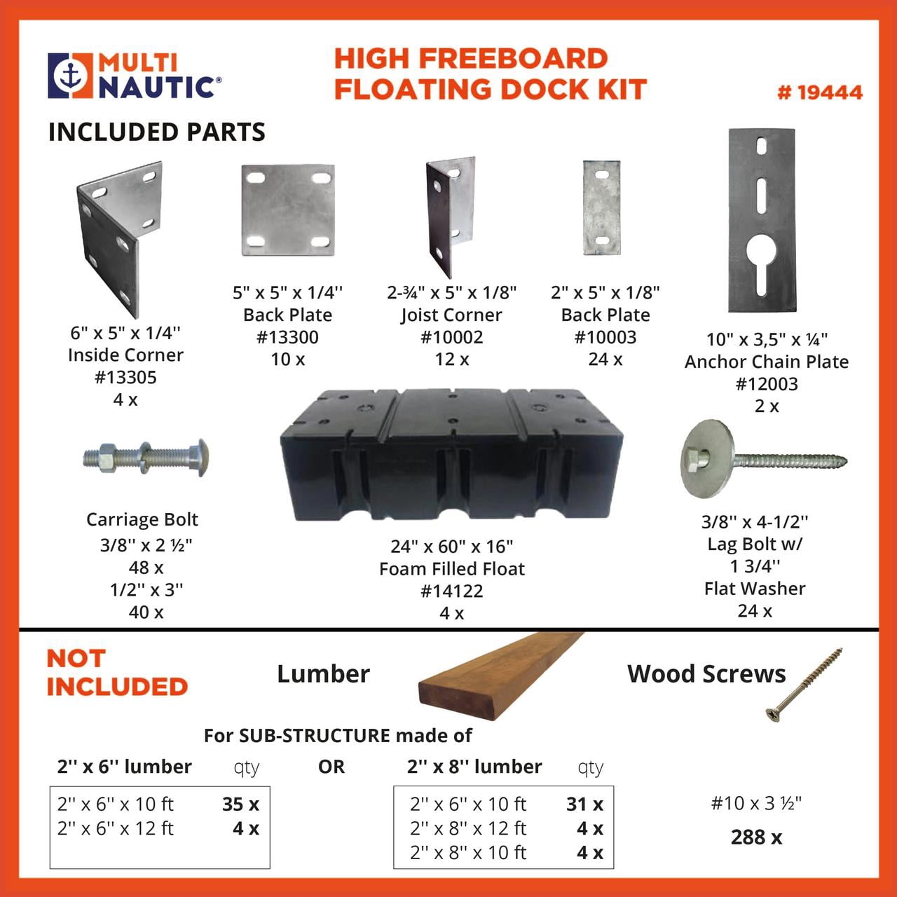 Multinautic 10 x 12 Floating Dock Kit with 4 Foam-Filled High Freeboard Floats and HDG Steel Hardware