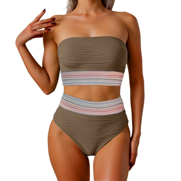 BOOMNY Womens Bandeau Bikini Sets 2 Peice Swimsuit For Women Graphic Swimwear Strapless High Waist Cozy Soft Bathing Suits
