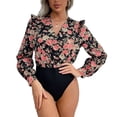 thumbnail image 1 of Body con estampado floral para mujer, elástico, con cuello en V, ribete con volantes, mono ajustado de retazos de una pieza L Negro, 1 of 11
