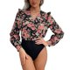 thumbnail image 1 of Body con estampado floral para mujer, elástico, con cuello en V, ribete con volantes, mono ajustado de retazos de una pieza M Negro, 1 of 11