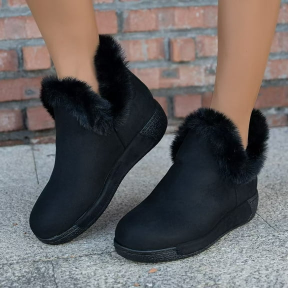 XIMIN Women Slip On Ankle Booties Fuzzy Boots Furry Faux Fur Lining Flat Short Snow Boots Fashion Winter Warm Comfy Suede Casual Shoes