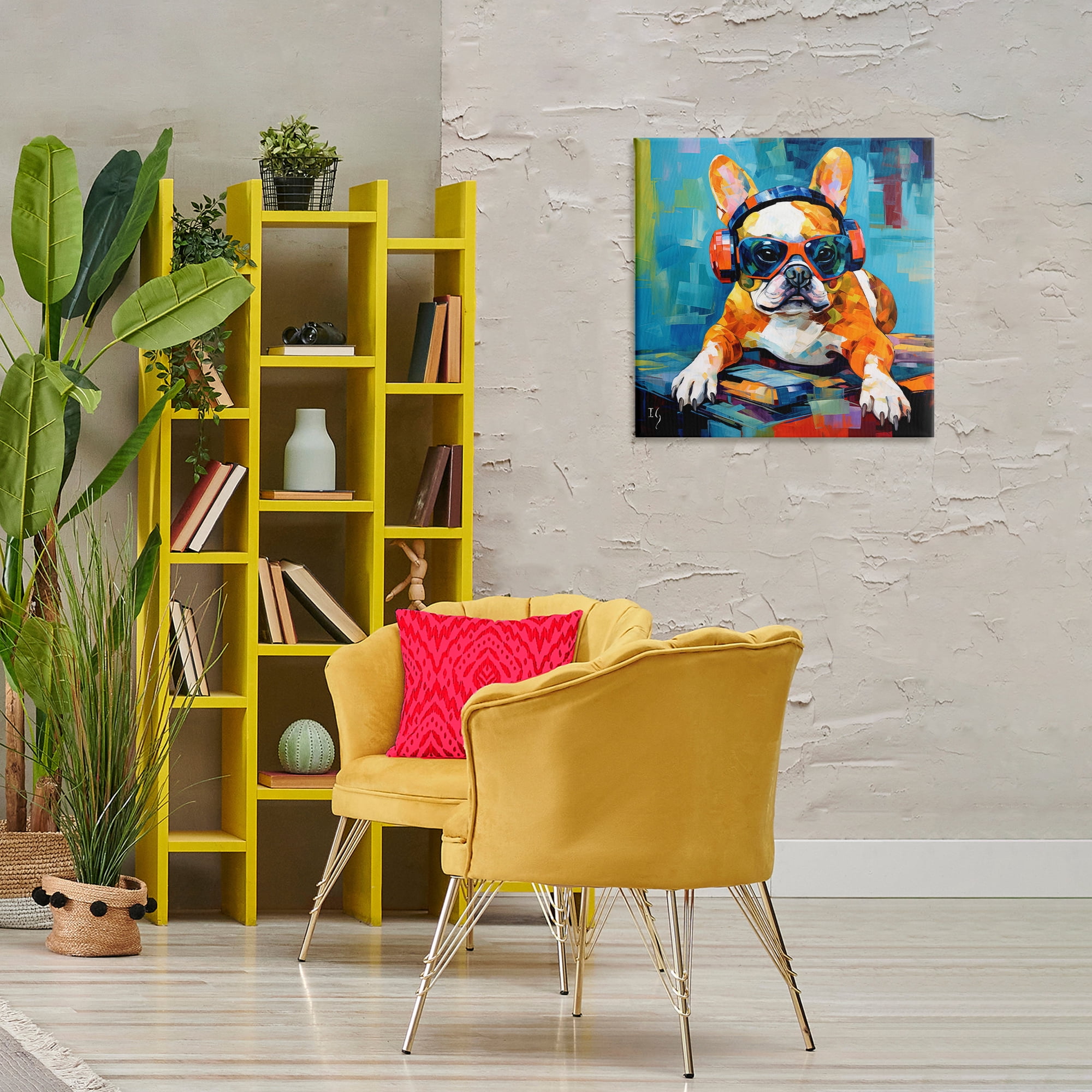 Stupell Industries French Bulldog with Headphones Animals & Insects Painting Gallery Wrapped Canvas Art Print Wall Art, 24 x 24