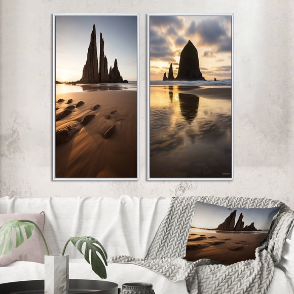 Designart "Time-Worn Rocks Sculpted by Sunset I" Beach & Ocean Framed Wall Art Set Of 2 - Coastal Brown Frame Gallery Set For Office Decor