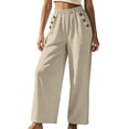 thumbnail image 2 of Lmueinov Womens Cotton Wide Leg Pants Elastic Waist Casual Trousers with Decorative Buttons Solid Color Flowy Long Pants for Summer Beach Vacation Clothes, 2 of 6