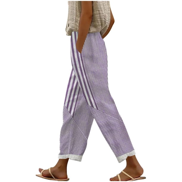 Amzcrzy Pantalones De Lino Mujer Capri Rayas Moda Pierna Recta Ligeros Holgados Casuales Playa Vacaciones Verano Con Bolsillos Tallas S-2XL Morado