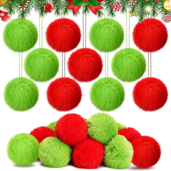 Christmas 12-Piece Set Of Green Furry Christmas Ornaments With Red Decorative Crafts Christmas Tree Hangings