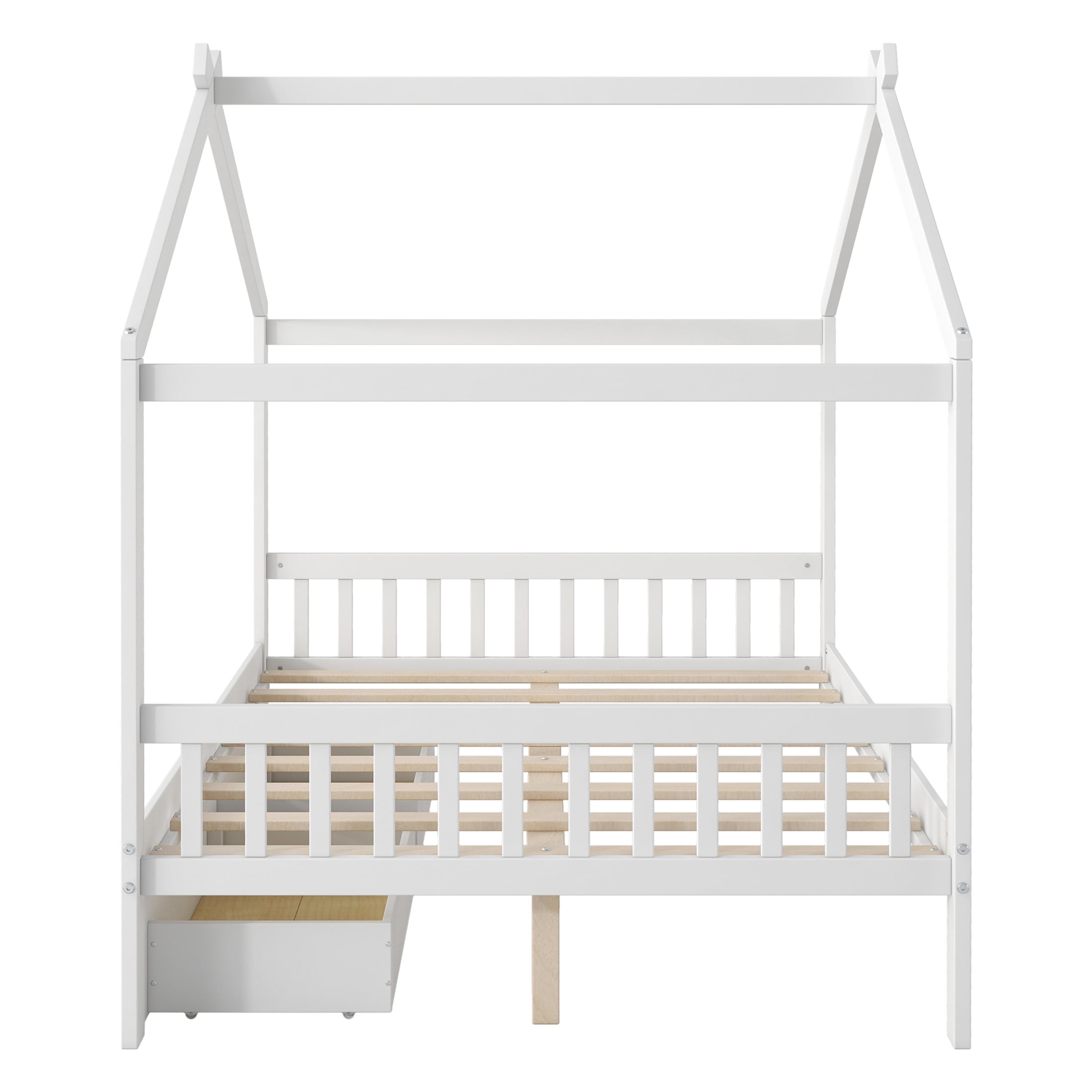 Noble House Clavell Full Size House Bed with 2 Storage Drawers, Headboard and Footboard, Playful Roof Design, White