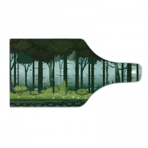 Jungle Cutting Board, Cartoon Trees Forest Grass at Twilight Illustration, Decorative Tempered Glass Cutting and Serving Board, in 3 Sizes, by Ambesonne