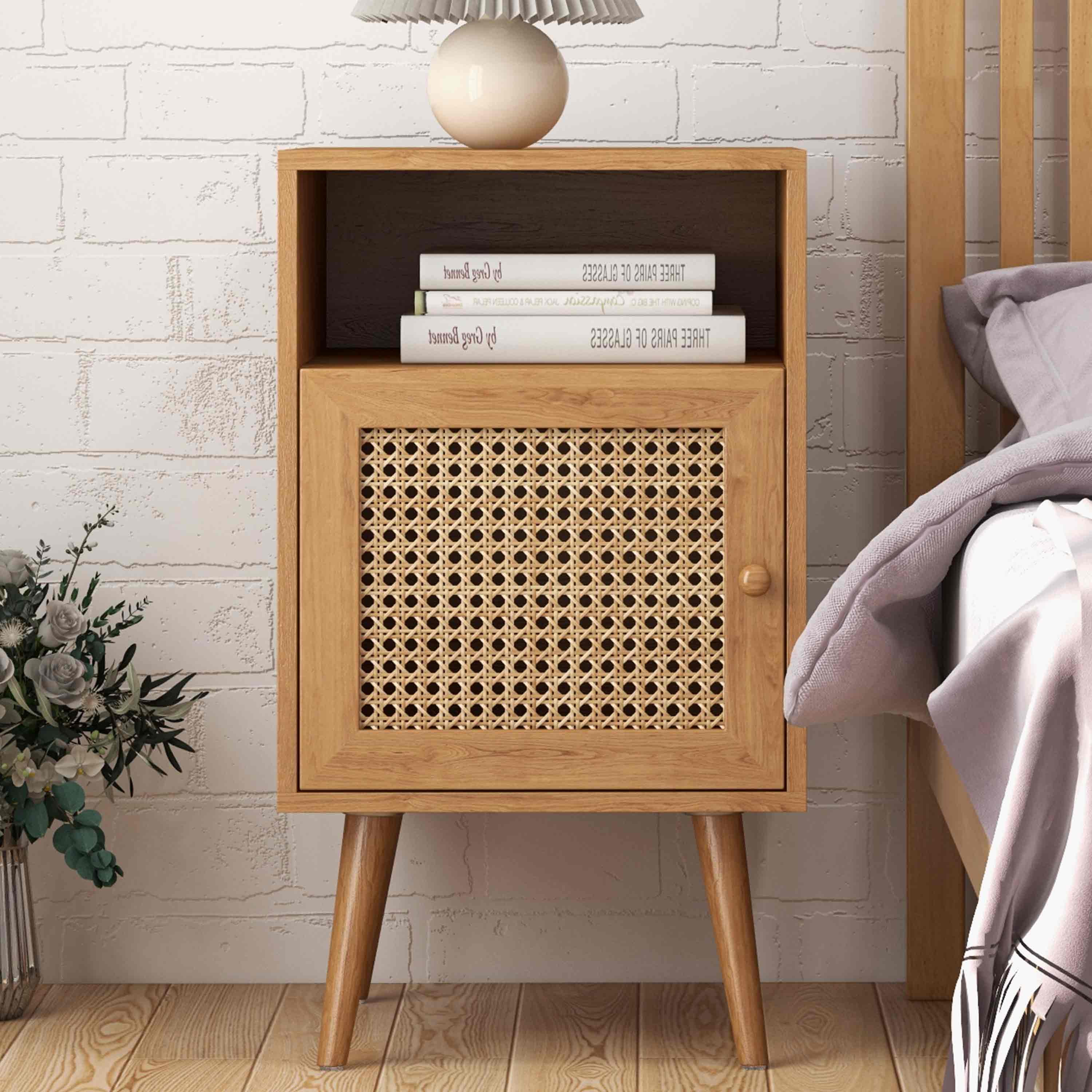 Tolead Rattan Nightstand Boho Side Table with Handmade Rattan Decorated Drawer Bedroom Living Room Natural