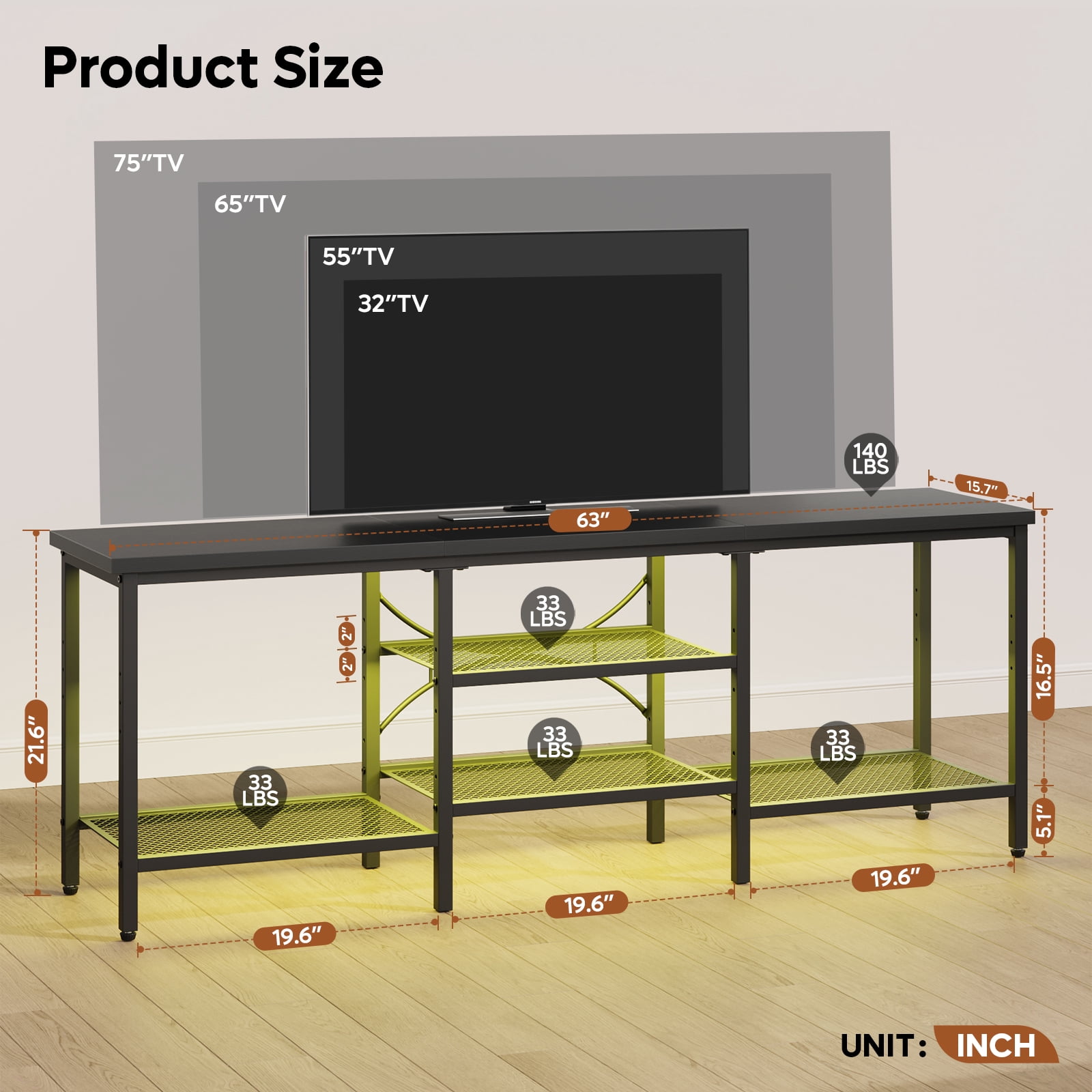 Pinmoco 63" TV Stand for TVs up to 70 Inch, LED Light Entertainment Center with Open Storage Shelves, TV Media Console Table for Living Room, Bedroom, Black