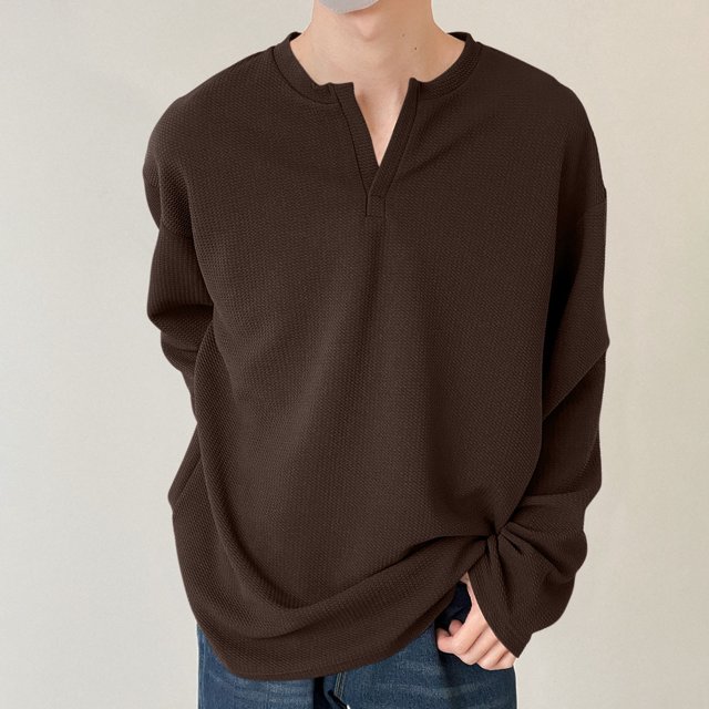 pstuiky camisetas de manga larga para hombre, Camisas casuales de manga larga con cuello en V y color liso para hombre tops de invierno para hombre xxxl